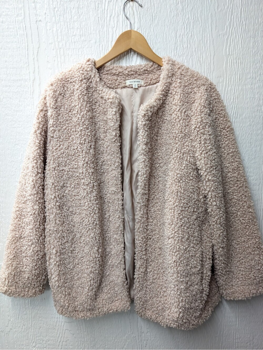 Max Studio Cream Teddy Bear Sherpa Shearling Open Jacket Coat Size Small